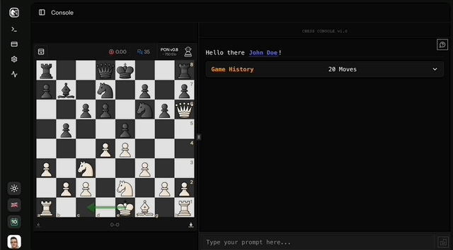 Chess Console-interface met een schaakstelling, zetpijlen en AI-analyse in de console