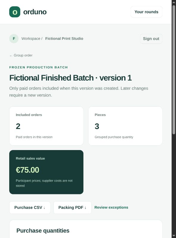 Fictional Orduno batch preview showing included orders and export actions