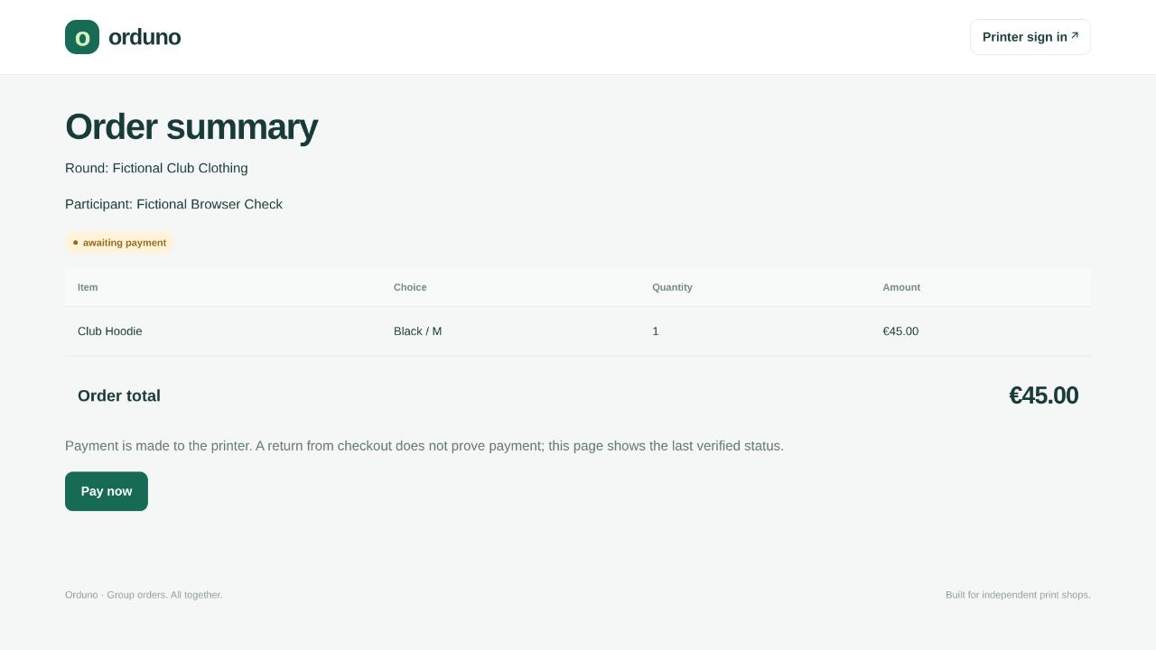 Fictional participant order summary awaiting payment